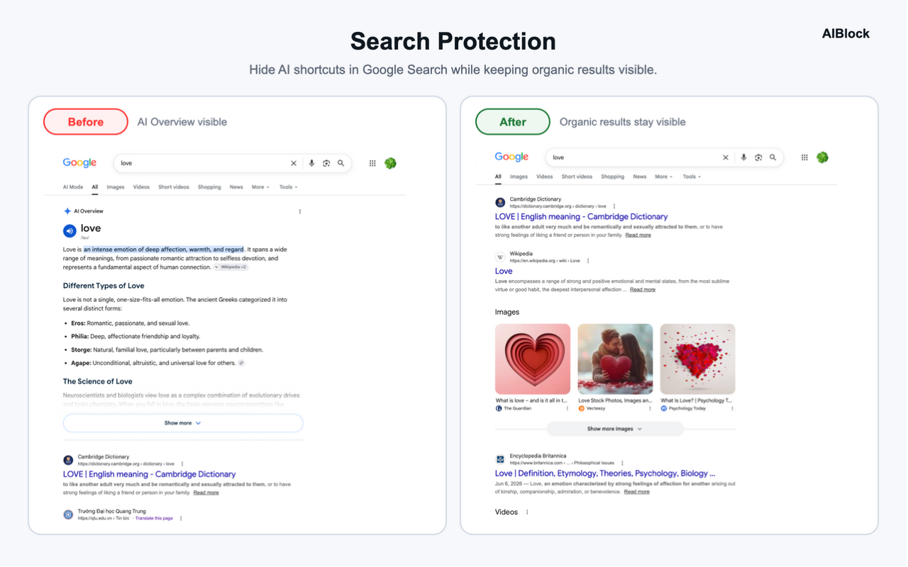 AIBlock Search Protection before and after preview