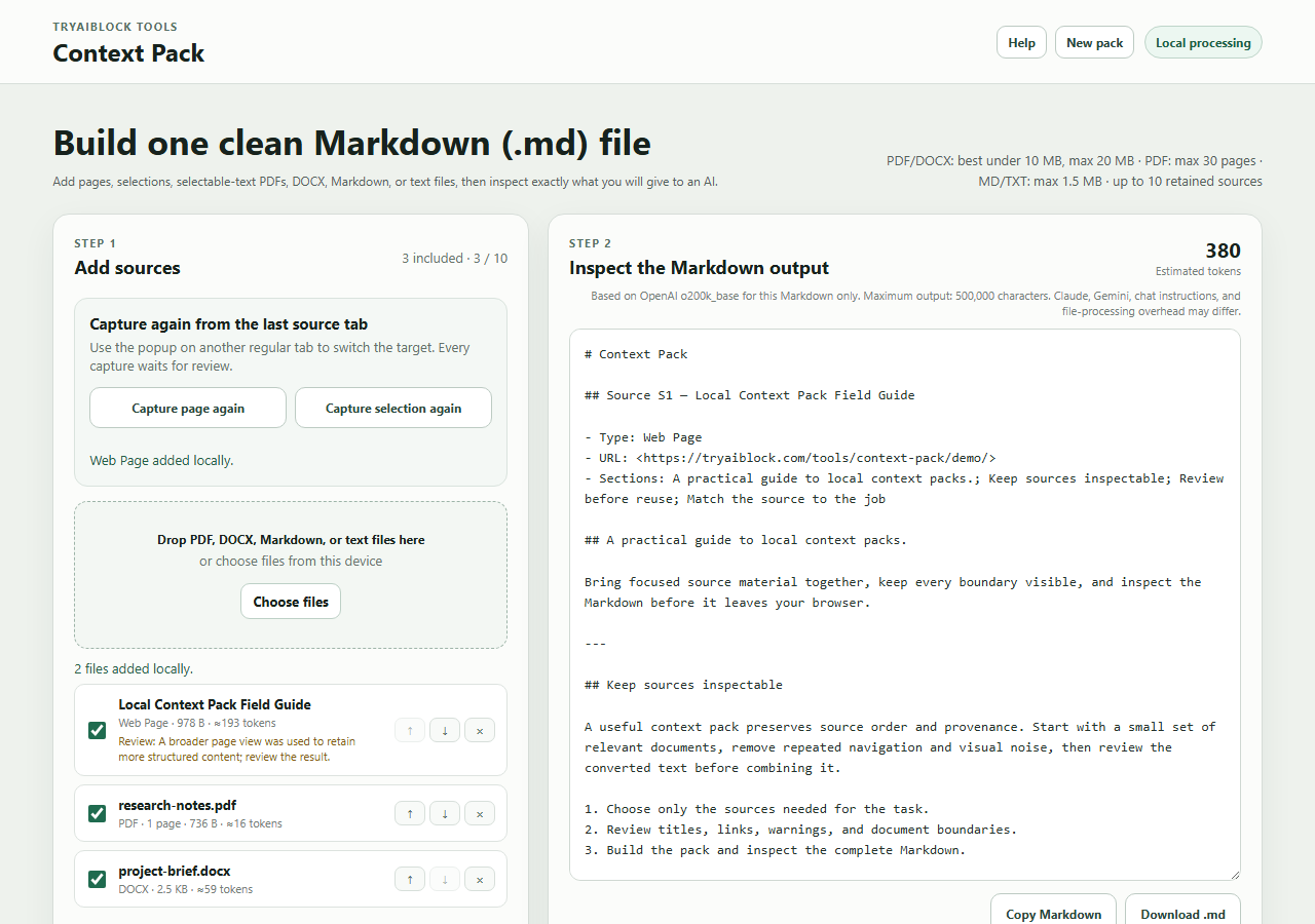 Context Pack workspace with the Add sources column beside the editable Markdown output column.