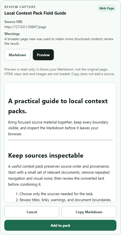 Real Context Pack 1.3.0 page review showing Preview, Copy Markdown, Cancel and Add to pack.