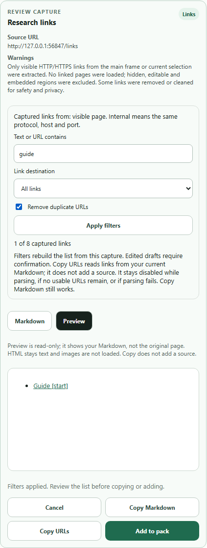 Real Context Pack 1.3.0 link review with guide keyword filter, origin and duplicate controls, Copy URLs and Copy Markdown.